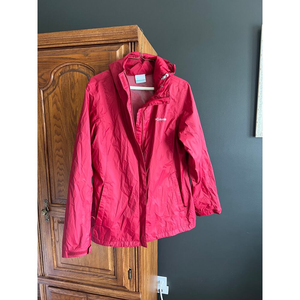 Columbia Omni-Tech Rain Jacket Large L Red Waterproof Hooded Windbreaker Flaw
